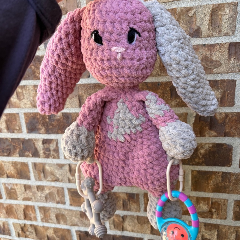 Handmade sensory Pink and Gray Plush Bunny Toy. Handcrafted by me